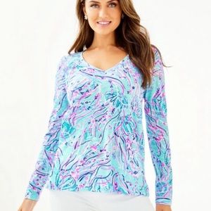Lilly Pulitzer Etta V-Neck Top Long Sleeve Bayside Blue Under The Moon- Large